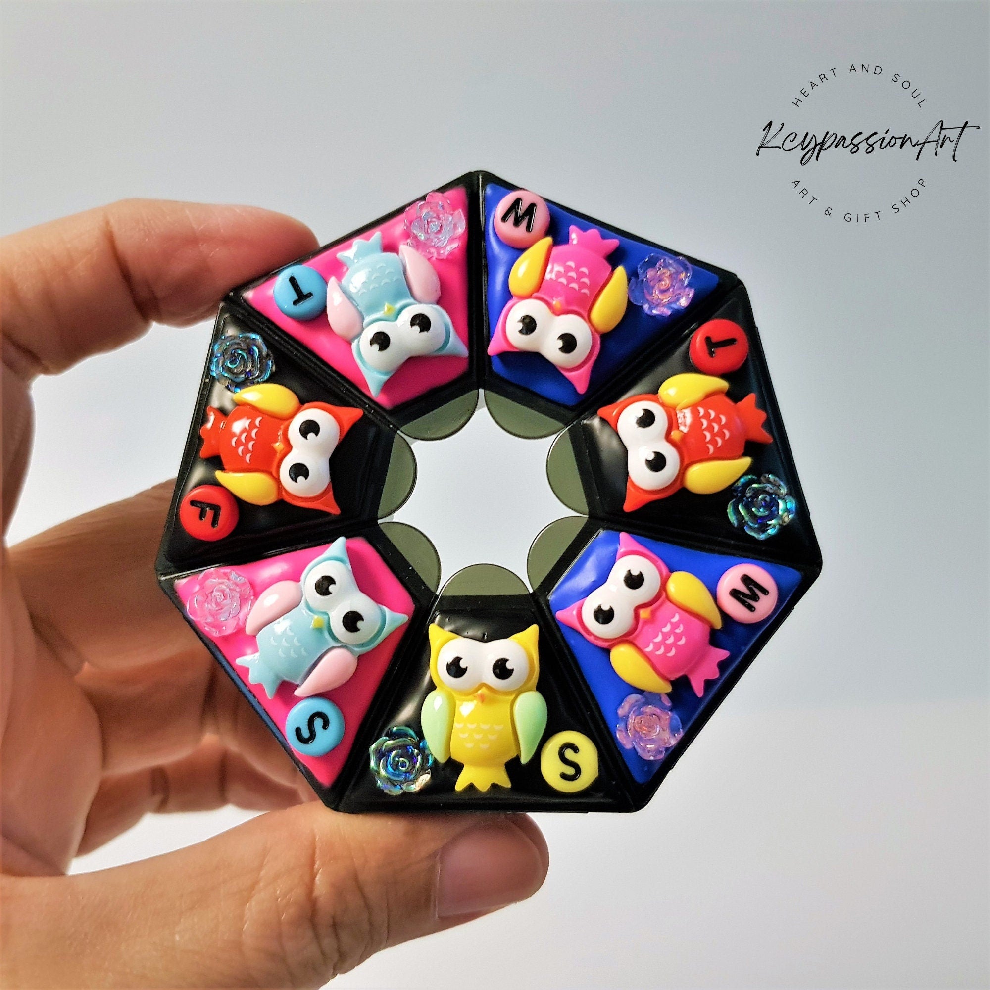 Colorful Wise Owls - Heptagon Pill Box