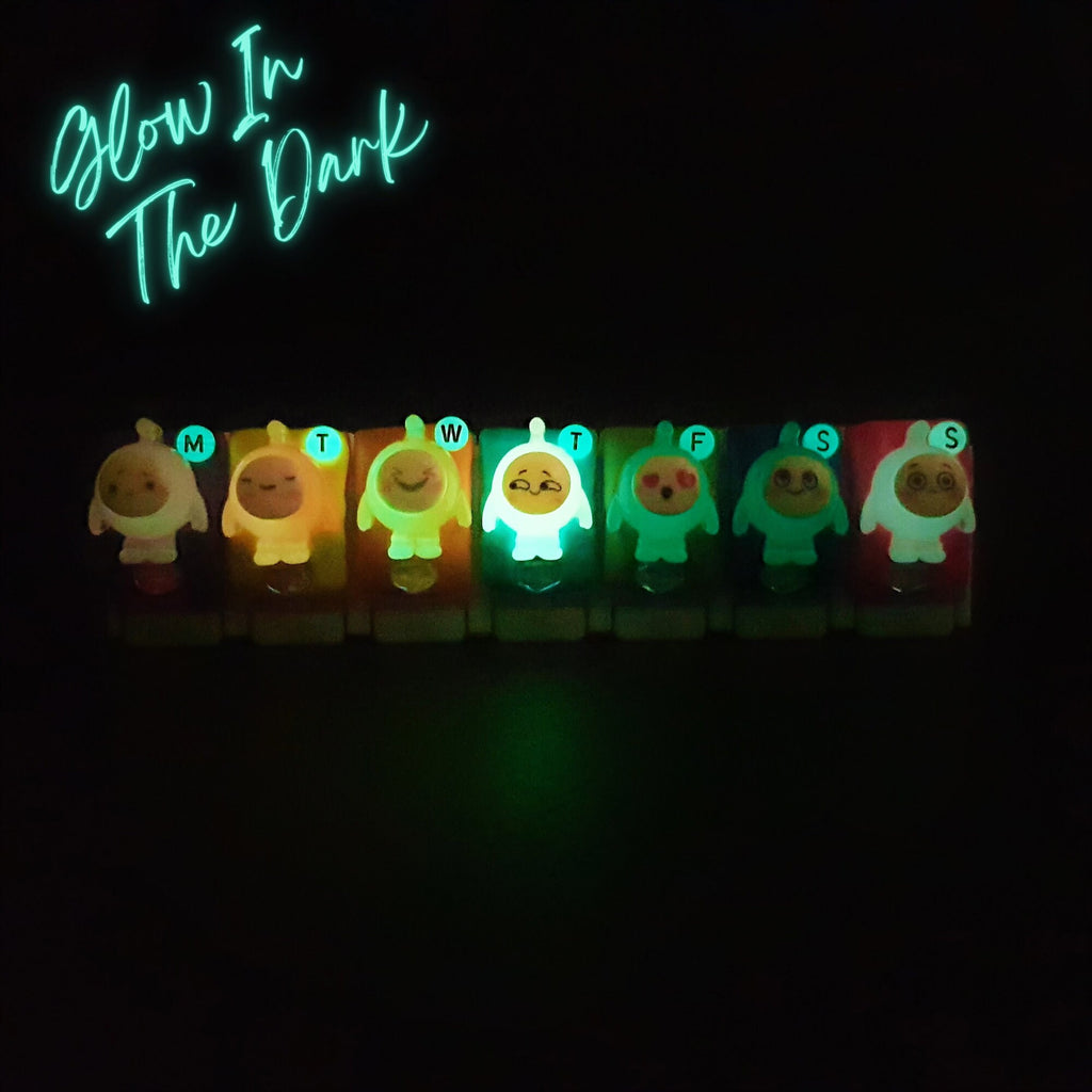 7-Tage-Pillenbox „Colorful We Glow“ – Leuchtende, niedliche Pillendose, Medikamenten- und Vitaminspender, Wochen-Pillenbox