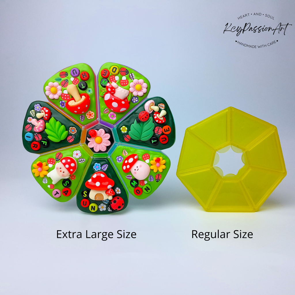 XL 7-Tage-Pillenbox „Pilz-Trend“, 8 Fächer, Medikamentenspender, niedliche Pillendose für Tag und Nacht