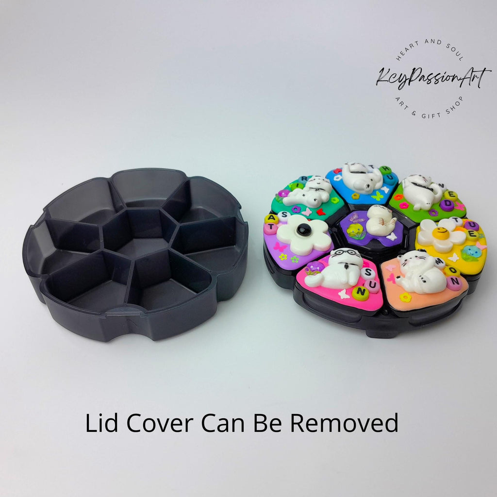 Großer, dekorierter Pillenorganizer für 7 Tage „Katze in Pose“ mit 8 Fächern, Pillendose für Medikamente und Nahrungsergänzungsmittel, niedliche Pillenbox für Tag und Nacht