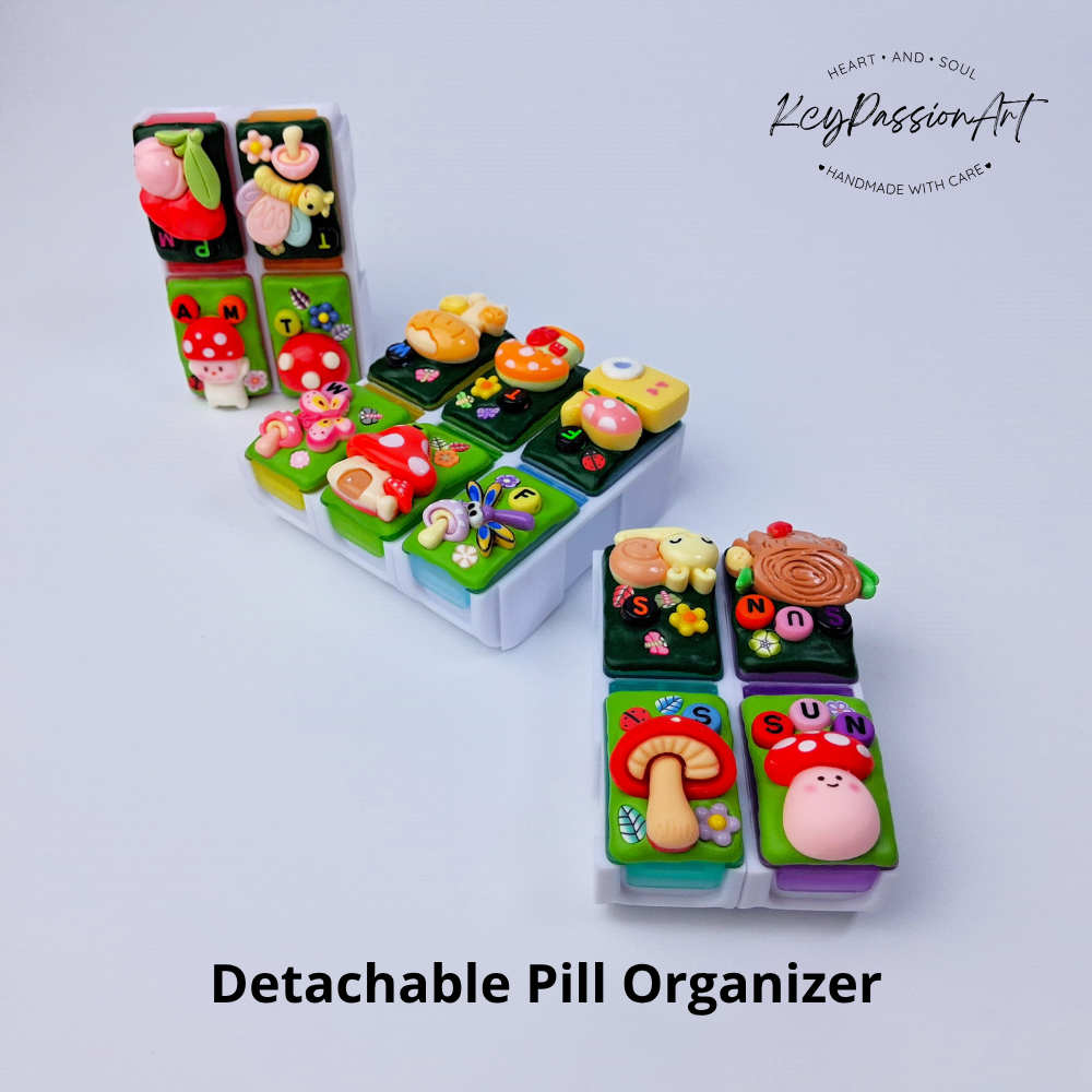 Pilulier AM/PM détachable « Forêt de champignons », organisateur de pilules 7 jours, pilulier jour et nuit, distributeur de pilules, pilulier 7 jours