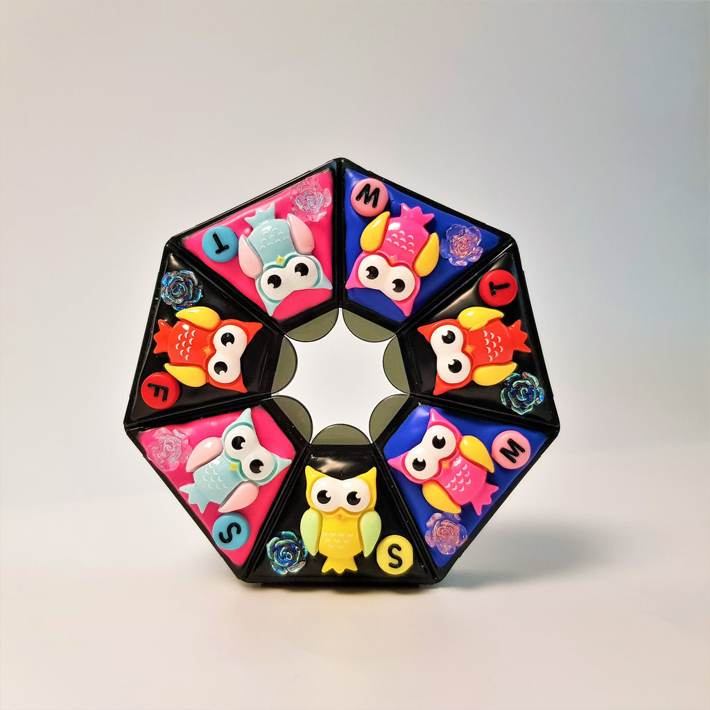 Colorful Wise Owls - Heptagon Pill Box