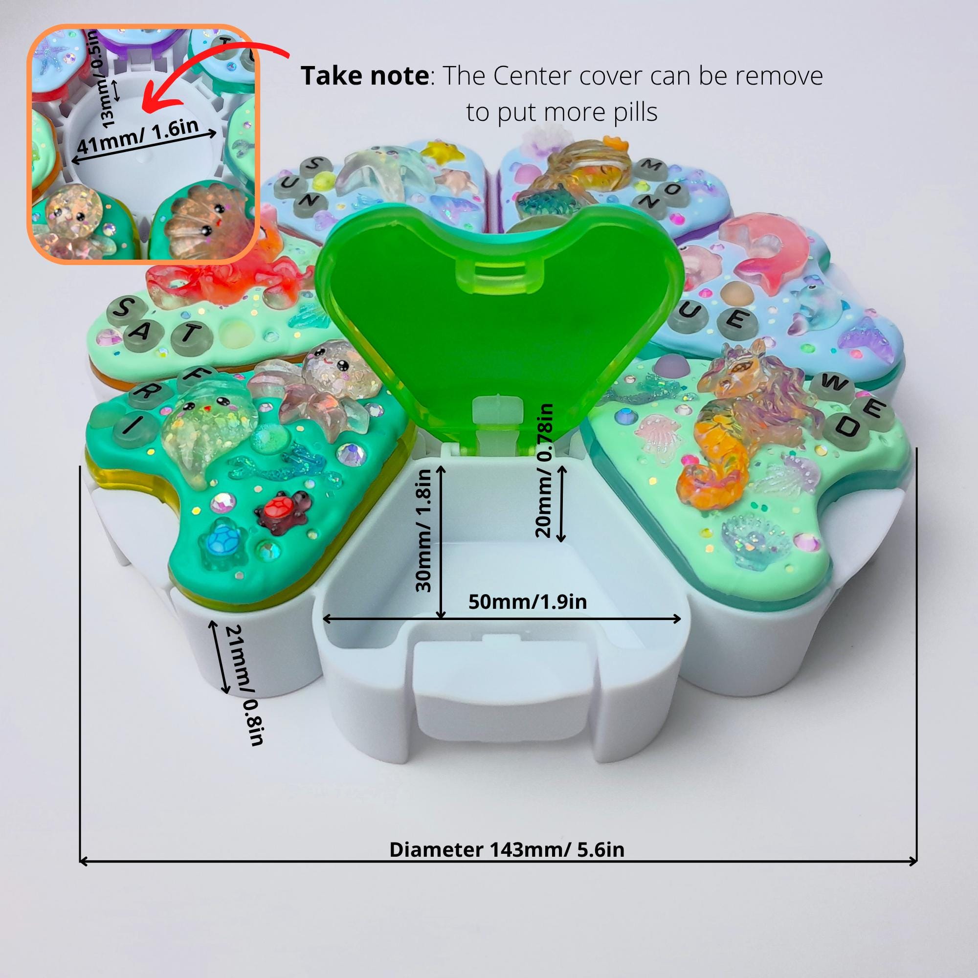 Jumbo-Pillenbox mit 8 Fächern, dekoriert, 7 Tage, Motiv: Meerjungfrauen-Mythos, Behälter für Medikamente, Vitamine und Nahrungsergänzungsmittel