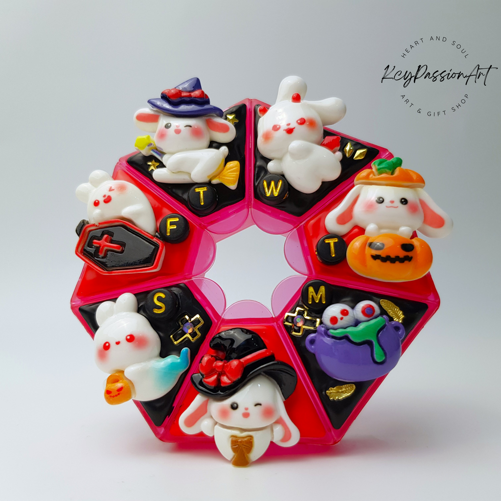 7-Tage-Pillenbox „Halloween-Hasen“, Medikamenten- und Nahrungsergänzungsmittelspender, 7-Tage-Pillenbox für Tag und Nacht