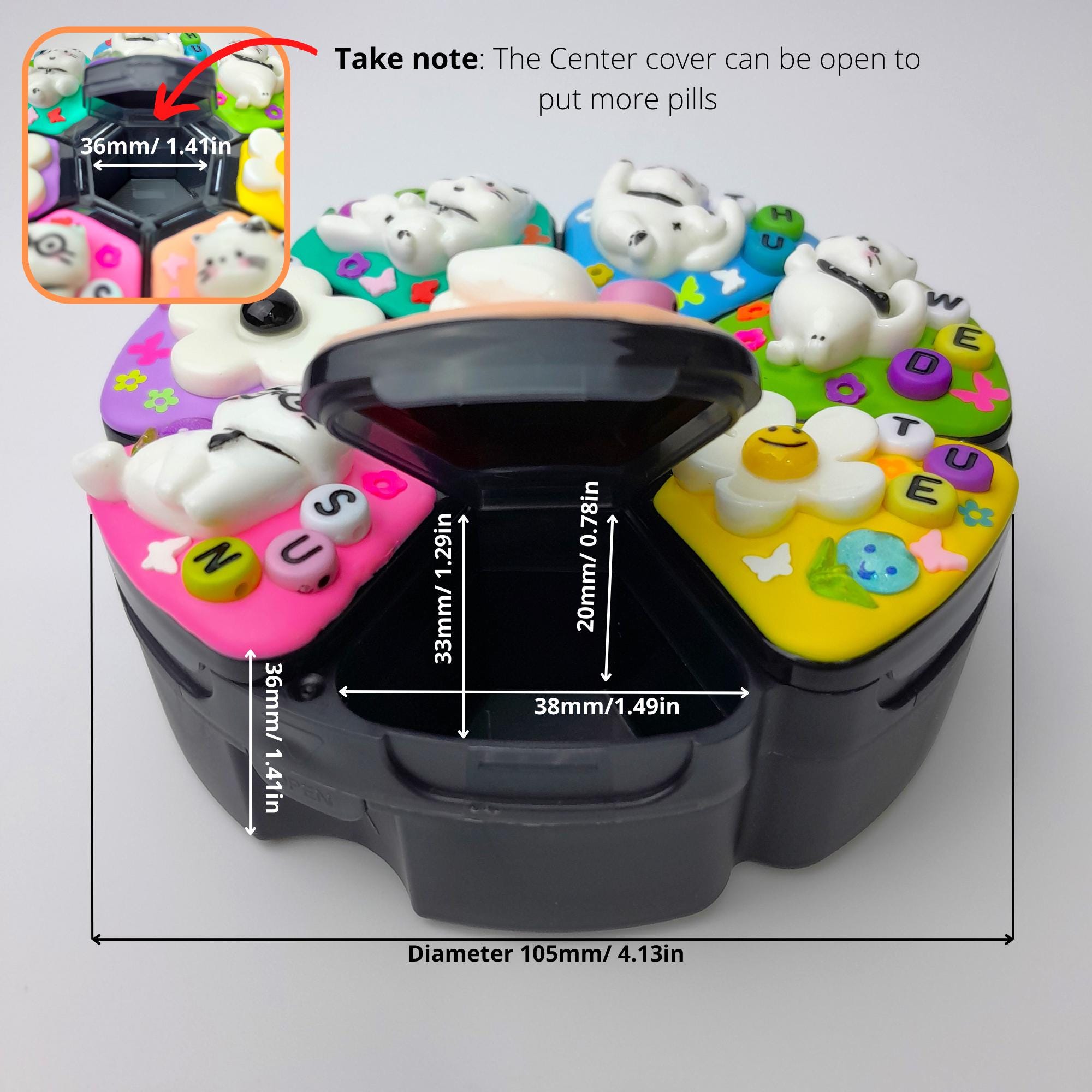 Großer, dekorierter Pillenorganizer für 7 Tage „Katze in Pose“ mit 8 Fächern, Pillendose für Medikamente und Nahrungsergänzungsmittel, niedliche Pillenbox für Tag und Nacht