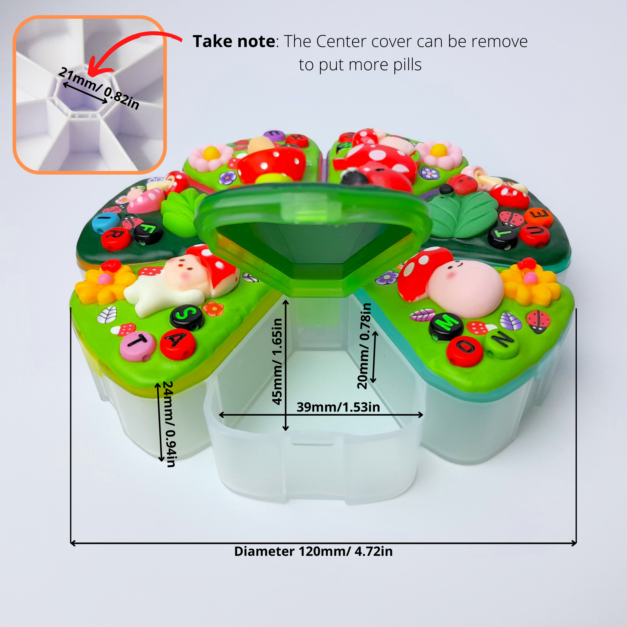 XL 7-Tage-Pillenbox „Pilz-Trend“, 8 Fächer, Medikamentenspender, niedliche Pillendose für Tag und Nacht