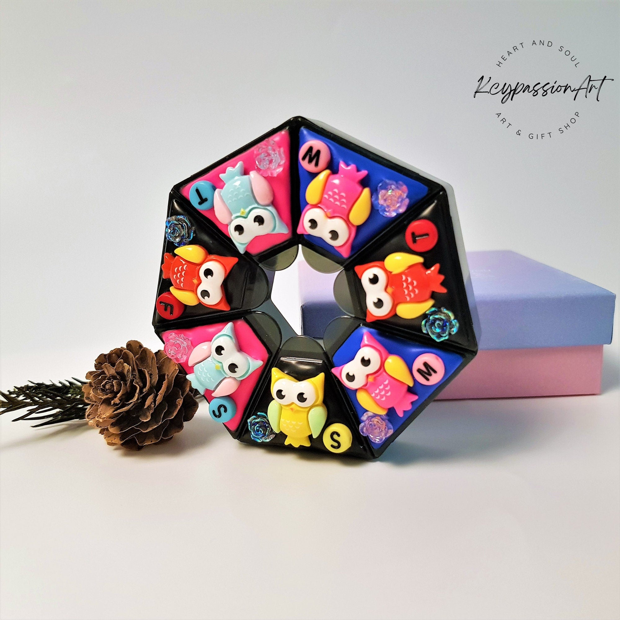 Colorful Wise Owls - Heptagon Pill Box