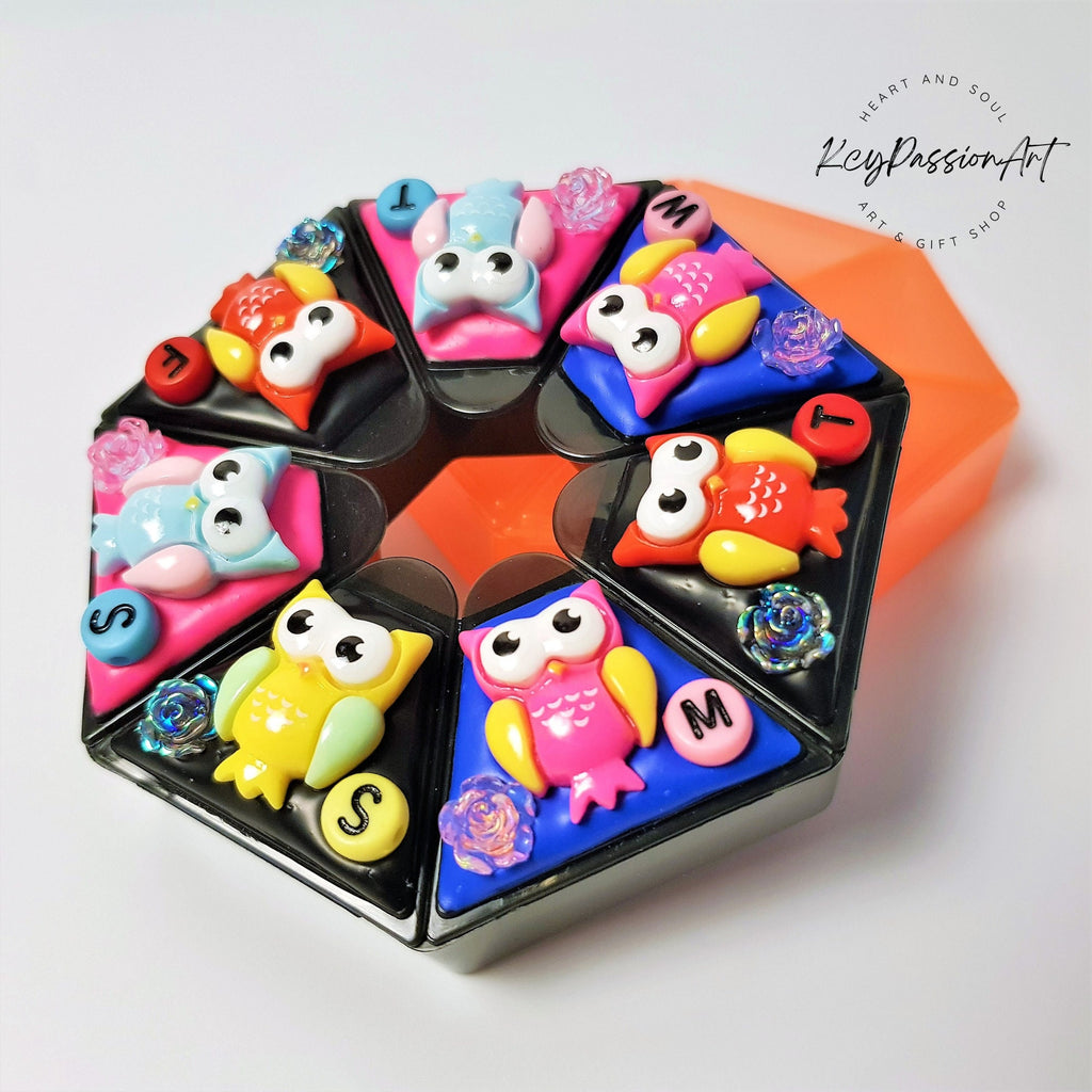Colorful Wise Owls - Heptagon Pill Box