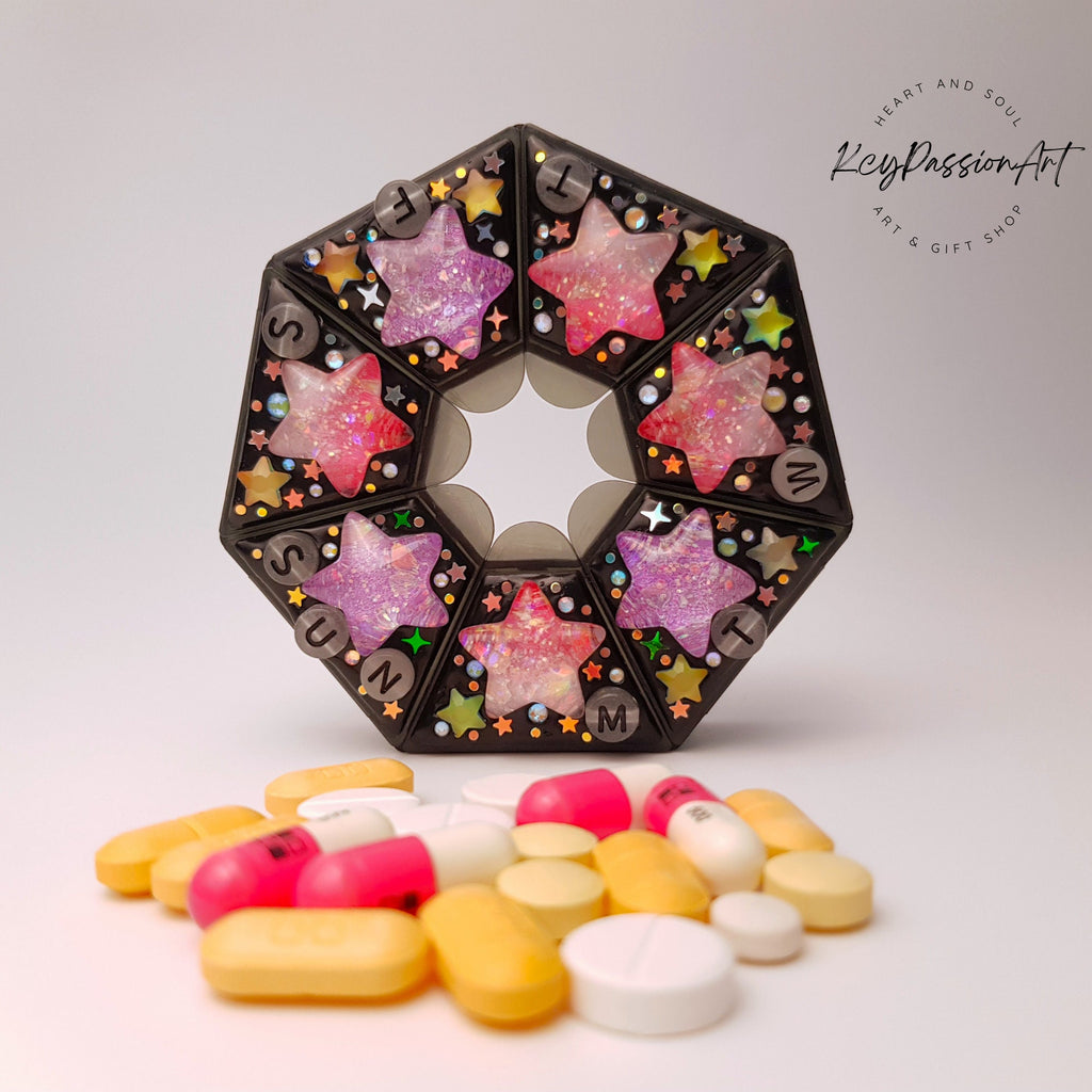 Pilulier 7 jours « Céleste », boîte à médicaments, porte-vitamines, distributeur de compléments alimentaires, pilulier 7 jours, pilulier jour et nuit