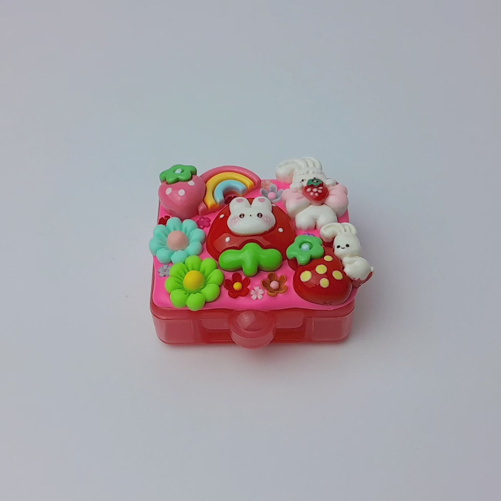 Tages-Pillenbox „Regenbogen-Erdbeer-Hasenliebe“ – Pillendose für einen Tag, Pillenbehälter, Pillenetui für einen Tag, Pillendose für Tag und Nacht
