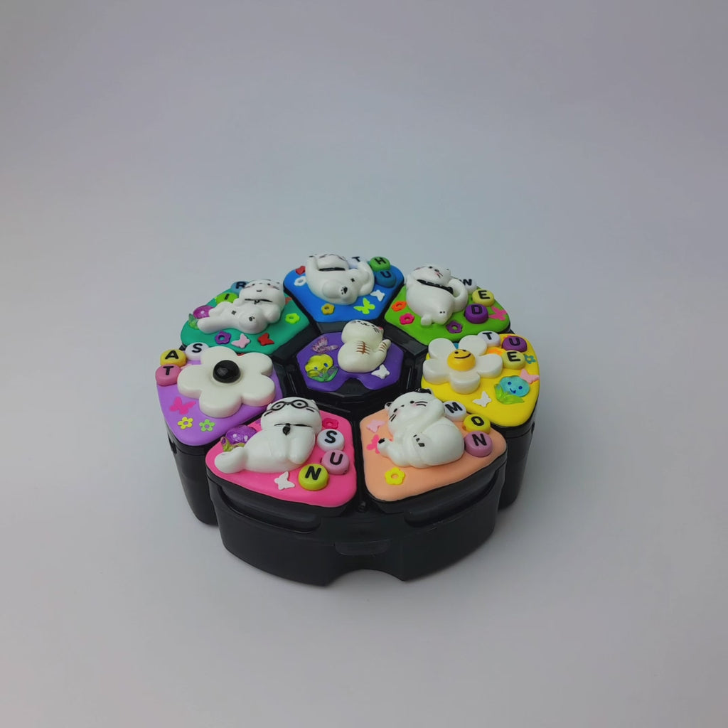 Großer, dekorierter Pillenorganizer für 7 Tage „Katze in Pose“ mit 8 Fächern, Pillendose für Medikamente und Nahrungsergänzungsmittel, niedliche Pillenbox für Tag und Nacht